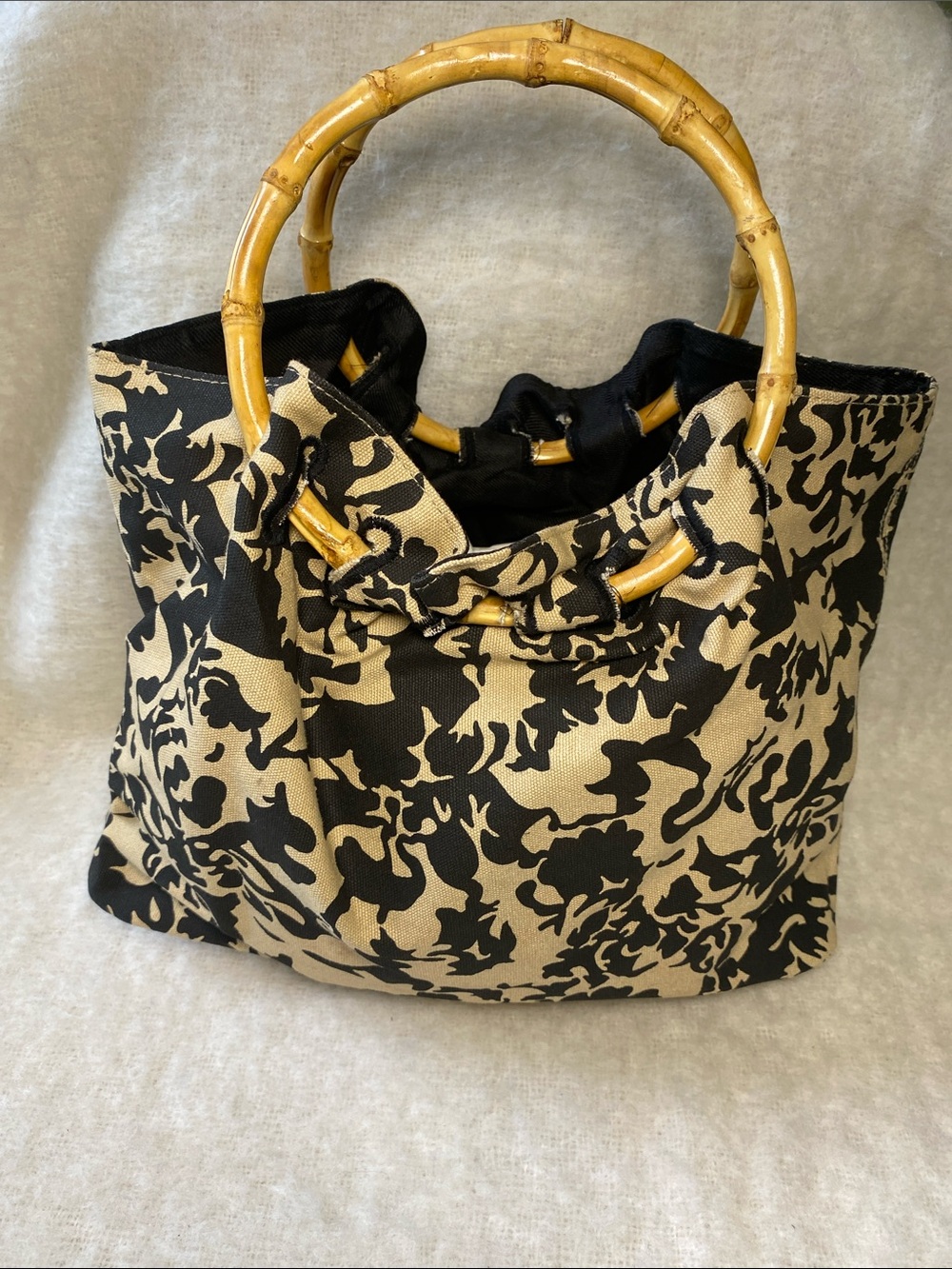 Black and Beige Patterned Tote Handbag with Bamboo Handles